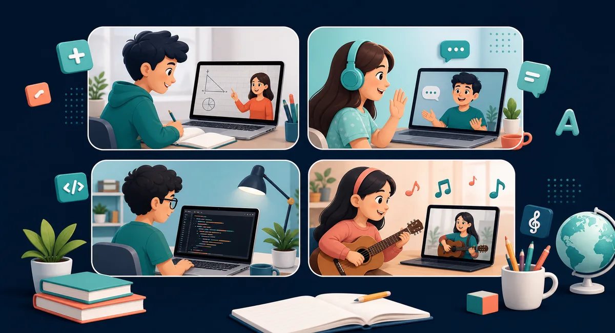 Students attending live online classes in maths, English, coding, and music
